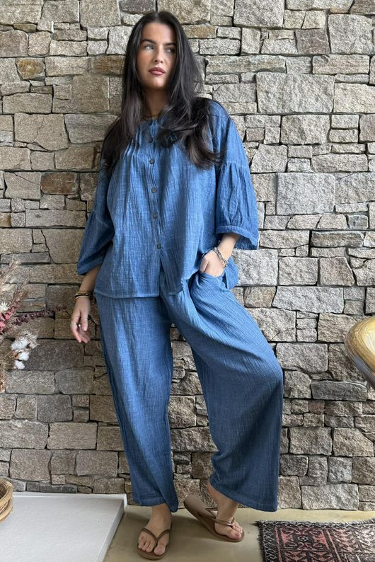 Loom & Thread Pin Tuck Blouse Washed Denim /40=